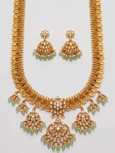 Kasu Mala Necklace Set with Premium Kundan Work & Antique Jhumka Earrings