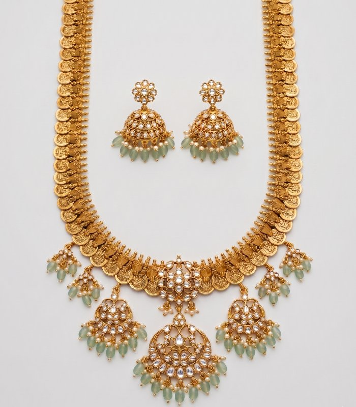 Kasu Mala Necklace Set with Premium Kundan Work & Antique Jhumka Earrings